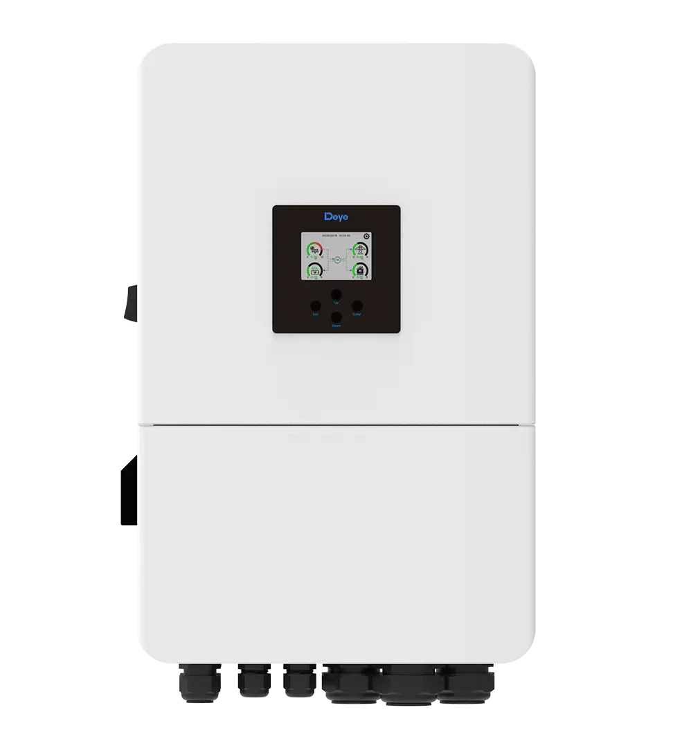 Fotografía premium del inversor híbrido solar marca Deye con pantalla táctil integrada