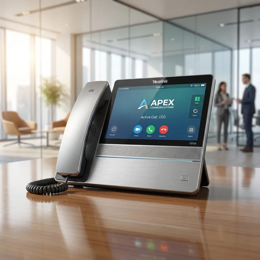 Teléfono IP empresarial moderno con pantalla táctil en escritorio de oficina